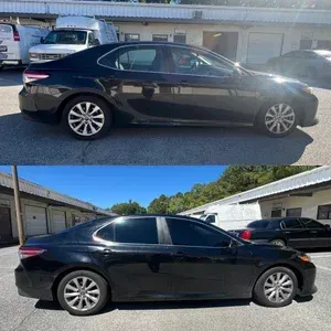 Black sedan parked in a driveway, shown in side profile from two angles under bright daylight.