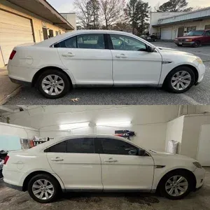 White sedan parked in a driveway, shown in a before-and-after comparison of dirty and cleaned exterior.