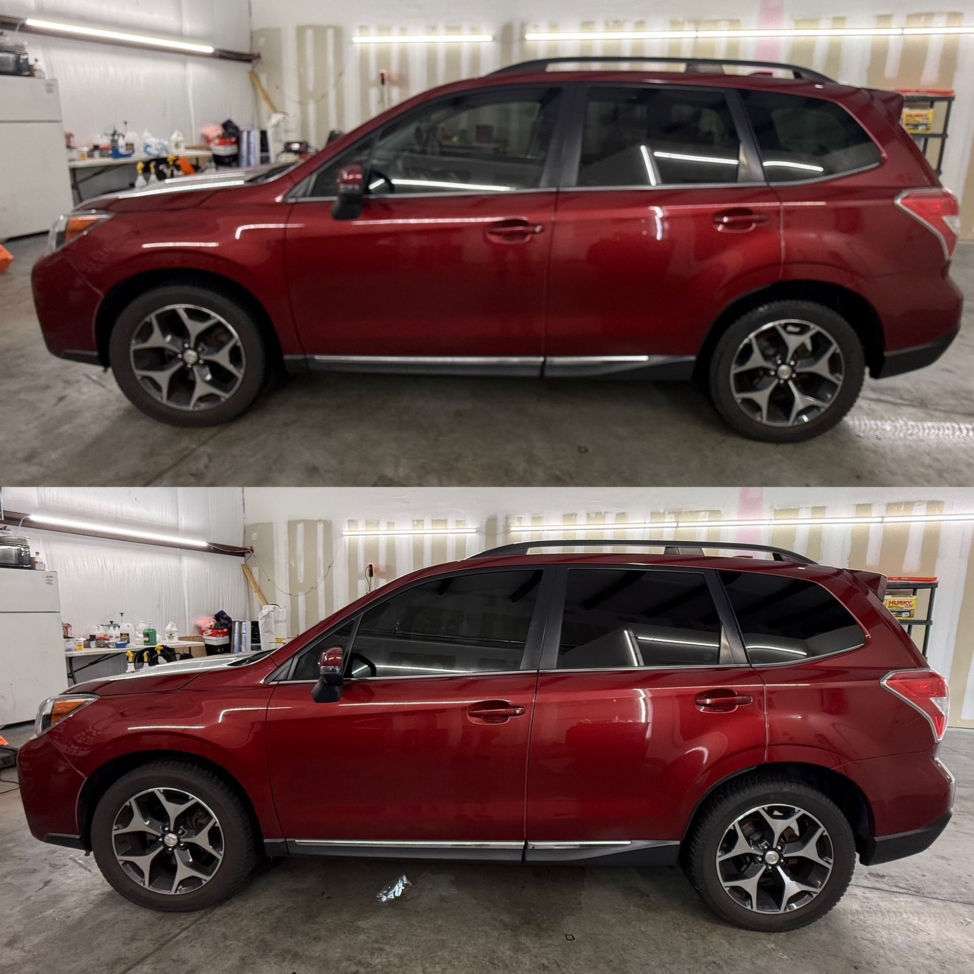 Red SUV shown in side view in a garage, with two similar stacked views of the same vehicle.