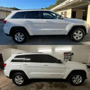 White Jeep Grand Cherokee shown in side profile, outdoors and indoors, with tinted windows and silver wheels