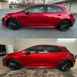 Red hatchback car shown in side view, with comparison photos in bright red and darker red lighting.