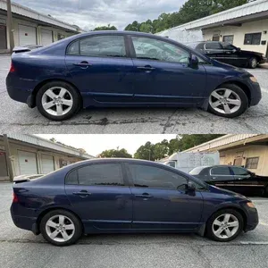 Side view of a dark blue sedan parked in a driveway, shown in two nearly identical stacked photos.