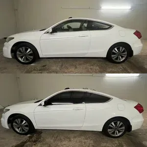 White sedan shown in two side-view photos, one with windows tinted and one without, in a garage