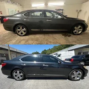 Dark gray sedan in an indoor garage above and outdoors below, shown in side view.