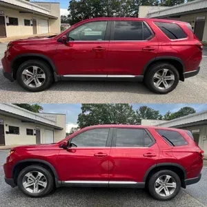 Red SUV shown before and after repair, with a dent on the rear door in the lower image.