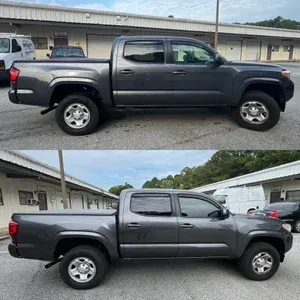 Gray pickup truck shown in two side-view photos parked outdoors by a building
