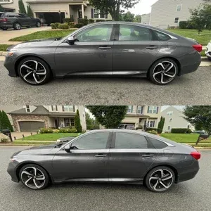 Gray sedan shown in two side-view photos parked on a residential street.