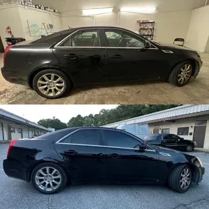 Black sedan shown in side view indoors and outdoors, appearing to compare before and after conditions.