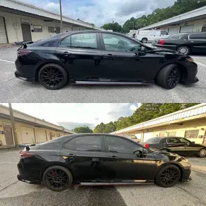 Two side-view photos of a black sedan parked outdoors, showing its lowered stance and black wheels.