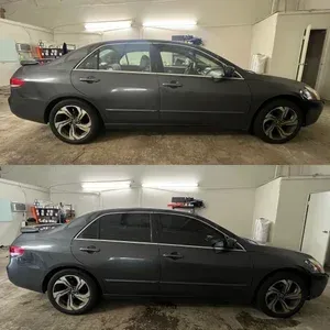 Side view of a gray sedan in a garage, shown in two stacked photos with tinted and clearer windows.