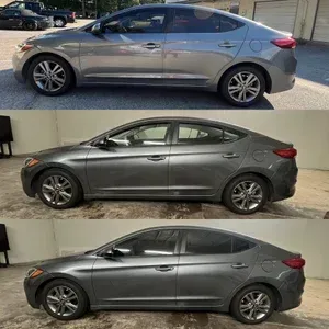 Three side-view photos of a gray sedan parked outdoors, showing slight angle differences.