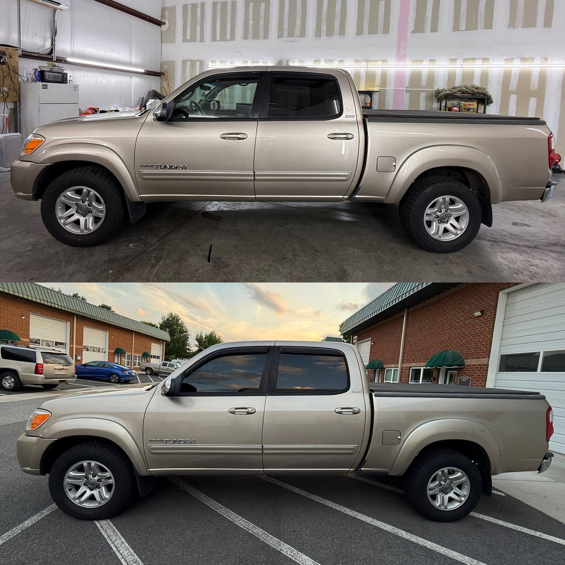 Side-view comparison of a beige pickup truck indoors and outdoors, showing two similar shots stacked vertically.