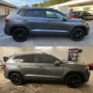 Gray SUV with black wheels shown in two side-view garage photos