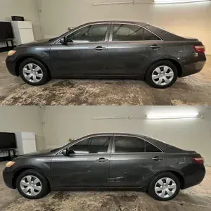 Side view of a dark gray sedan in a garage, shown in two stacked photos.