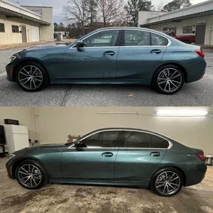Two side-view photos of a teal sedan parked outdoors in different lighting conditions