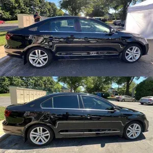 Black sedan photographed in side view outdoors, shown in two slightly different edits.
