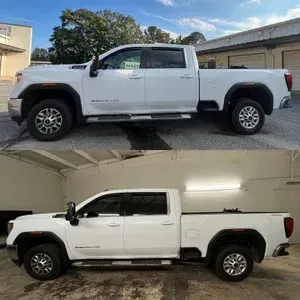 White pickup truck shown in side view, with a normal stance above and a lowered stance below.