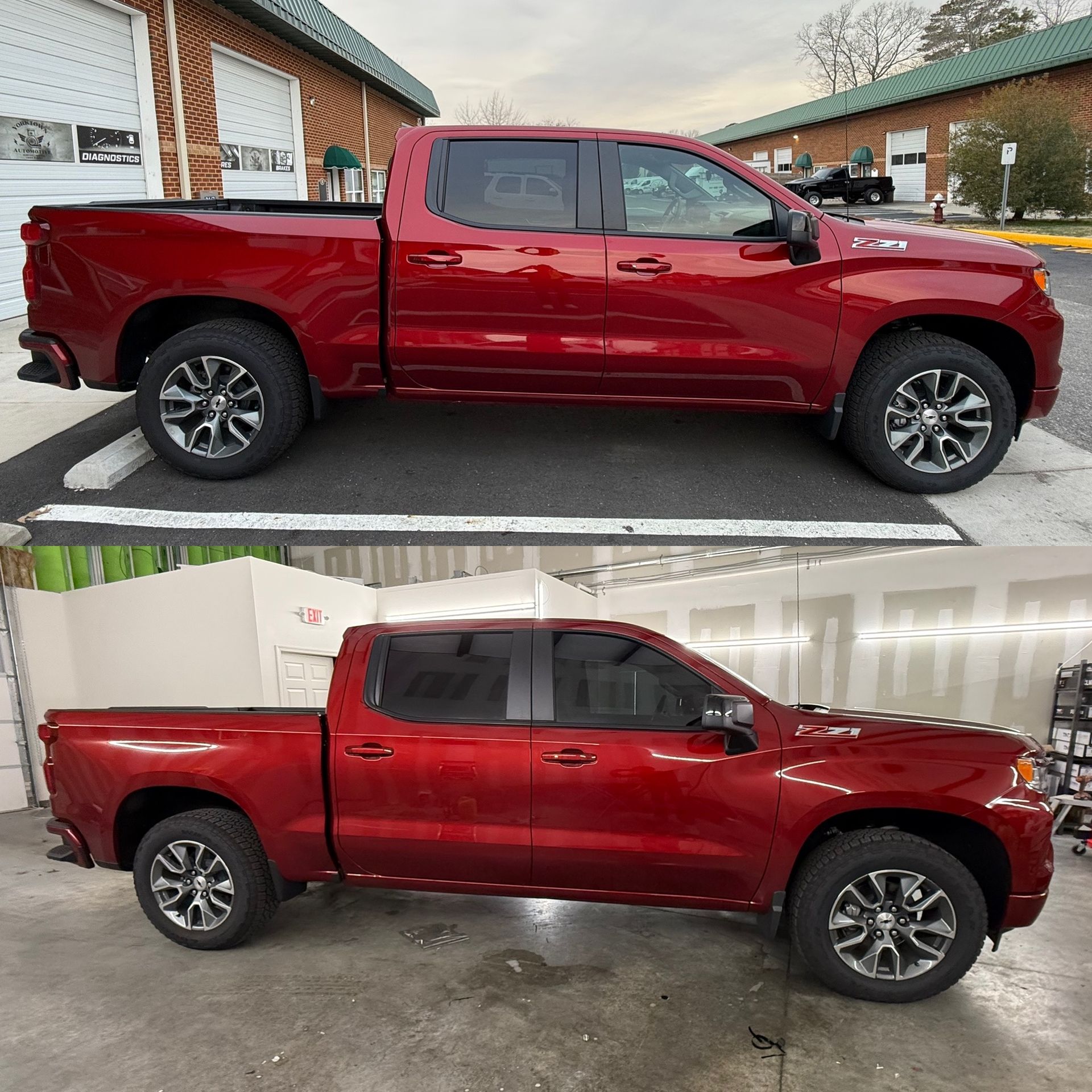 Red pickup truck shown side and front-quarter views, parked outdoors and in a garage