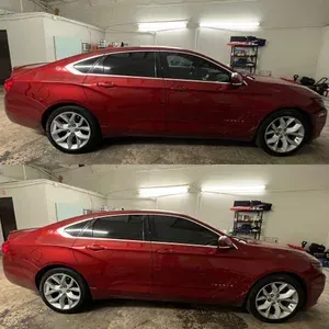 Red sedan shown in side view in a garage, duplicated in two stacked images.