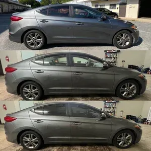 Three side-view photos of a gray sedan parked indoors and outdoors.
