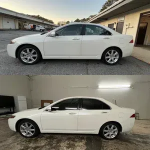 White sedan shown outdoors and indoors in a side-by-side comparison view