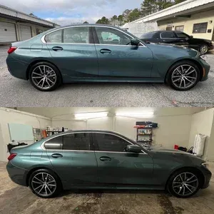Side-by-side teal sedan photos, one outdoors and one in a garage, showing a before-and-after look.