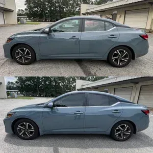 Side-view of a blue-gray sedan parked in a driveway, shown in two stacked photos.