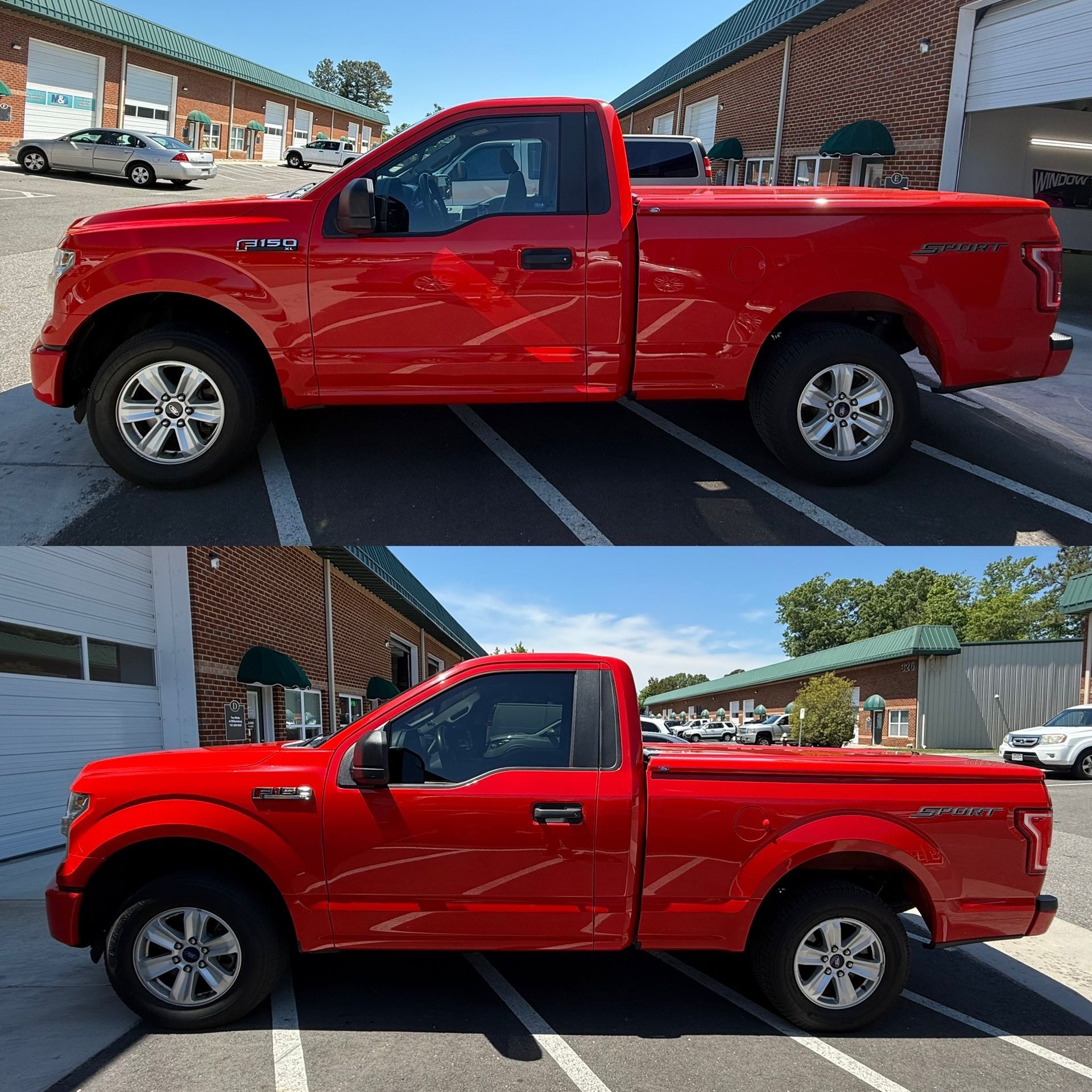 Red pickup truck shown from the side in a parking lot, front and rear views stacked vertically.