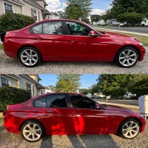 Red sedan parked in a suburban driveway, shown in daylight and again with shadow patterns on the side.