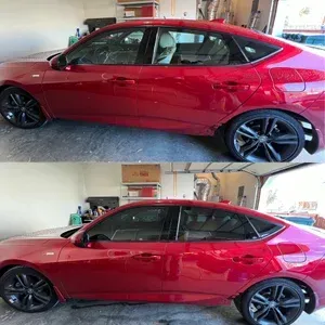 Red sedan shown from the side in a garage, with two stacked photos of the same car.