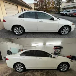 White sedan shown in two side-by-side photos: outside a garage and inside a garage.