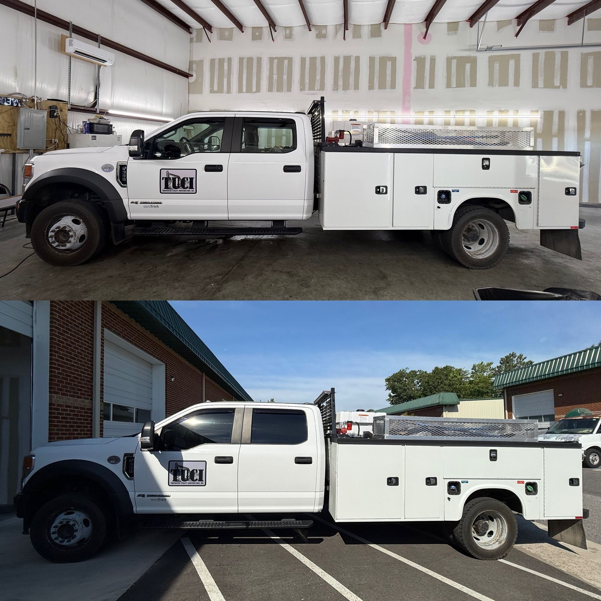 White utility truck shown indoors above and outdoors below, side view with service bed and black wheels