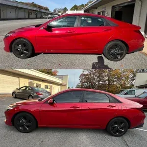 Two side-view photos of a red sedan with black wheels, parked in different outdoor lots.