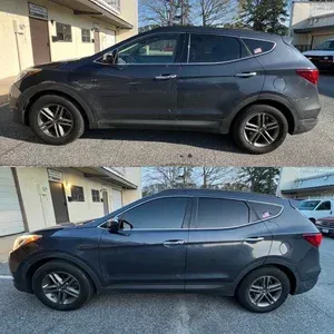 Two side-view photos of a dark gray SUV parked beside a building.