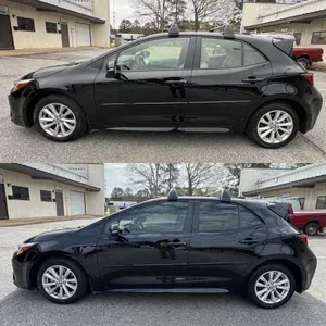 Black hatchback car shown in two side-view photos, parked outdoors on a paved lot.
