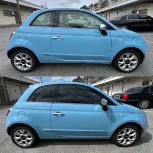 Light blue compact car shown from the side in two nearly identical photos.