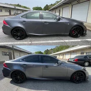 Side-view comparison of a gray sedan with black rims parked in a driveway, shown in two similar angles.