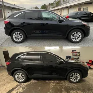 Black SUV shown in side view in two garage settings, one outdoors and one indoors.