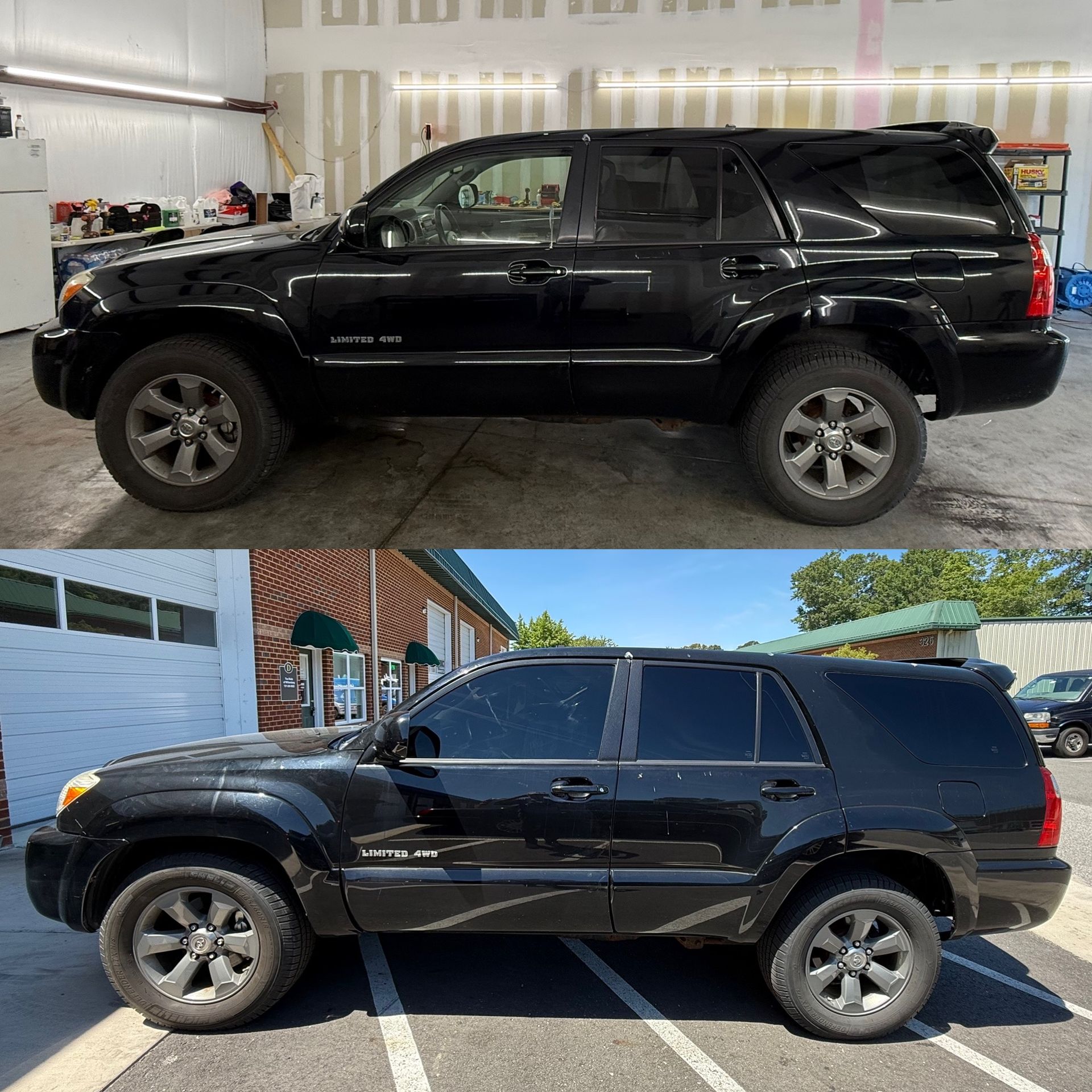 Black SUV shown in two side views, parked indoors and outdoors, with tinted windows and dark wheels