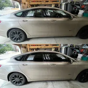 Beige sedan in a garage shown in two side views, one with tinted windows and one without.