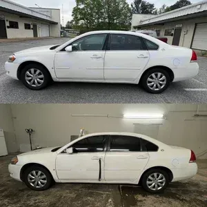 White sedan before and after door repair, shown outside and in a garage, with visible side damage in the lower image