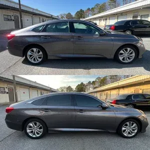 Gray sedan shown from the side in a parking lot, with and without aftermarket wheels and tinted windows