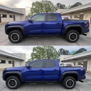 Blue pickup truck shown in two side views parked outside a building
