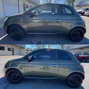 Side view of a gray compact car with black wheels parked outside a building, shown in two stacked photos.