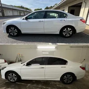 White sedan shown outdoors and indoors, side view comparison on a driveway and in a garage.