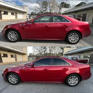 Red sedan shown in side view, top and bottom comparison, parked in a driveway.