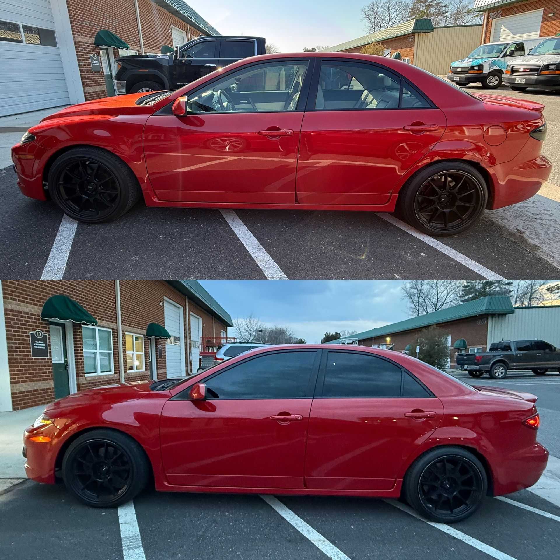 Red sedan with black rims parked beside a building in a residential lot, shown in two side-view angles