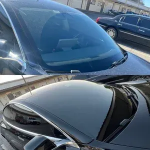 Two parked cars with reflective black hoods in a sunny parking lot