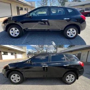Black hatchback car shown in side view, parked on a suburban driveway in two similar photos.
