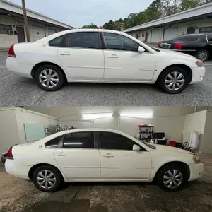 White sedan shown in side view outdoors and indoors, before and after a cleaning